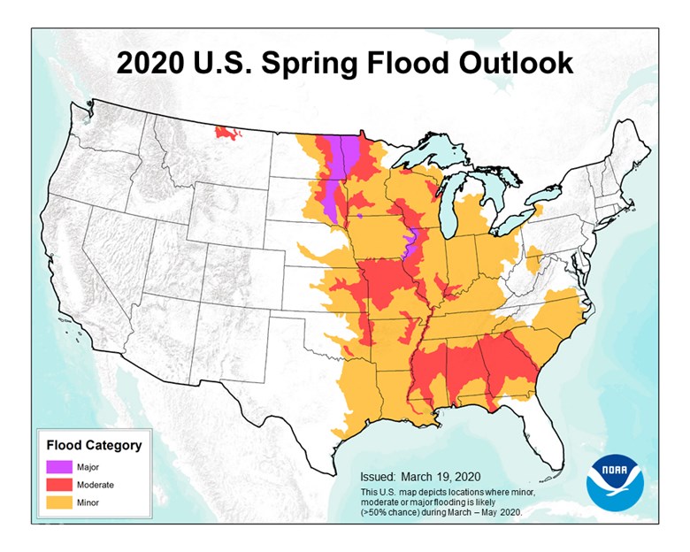 United States map depicting the 2020 U.S. Spring Flood Outlook.