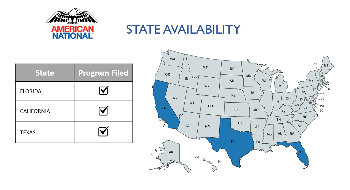 American National logo with United States Map showing state availability and graph listing Florida, California and Texas as being, "Program Filed."