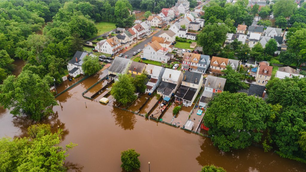 Bird's eye view of a flooded residential area.