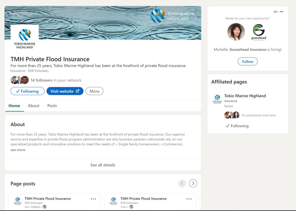 Screenshot of the Tokio Marine Highland LinkedIn page.